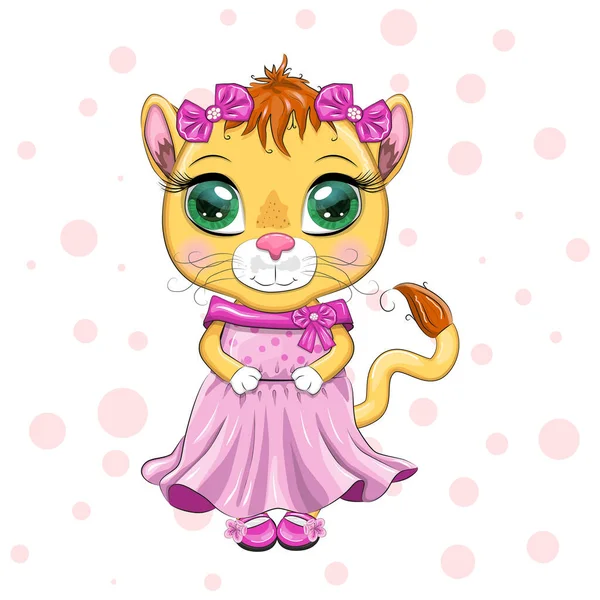 Cartoon Lioness Beautiful Dress Bows Flowers Festive Postcard Inscription Girl — Stockvektor