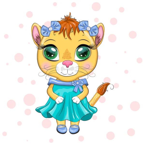 Cartoon Lioness Beautiful Dress Bows Flowers Festive Postcard Inscription Girl — Stockvektor
