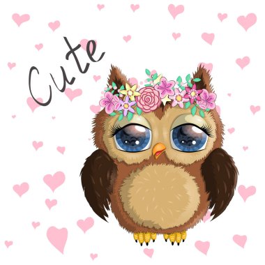 Sevimli çizgi film baykuş çiçekler ve kelebekler.