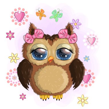 Sevimli çizgi film baykuş çiçekler ve kelebekler.