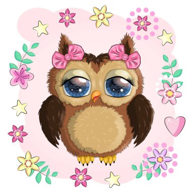 Sevimli çizgi film baykuş çiçekler ve kelebekler.