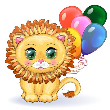 Çocukların parlak tarzında, balonlu, kocaman gözleri olan sevimli çizgi film aslanı tebrik kartı.