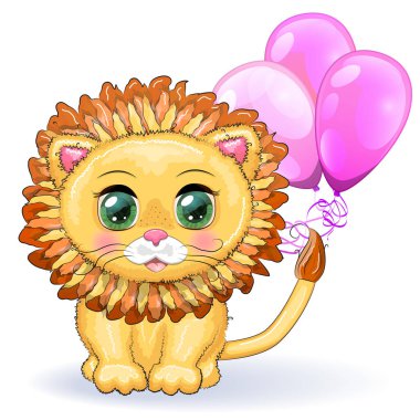 Çocukların parlak tarzında, balonlu, kocaman gözleri olan sevimli çizgi film aslanı tebrik kartı.