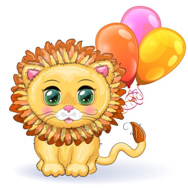 Çocukların parlak tarzında, balonlu, kocaman gözleri olan sevimli çizgi film aslanı tebrik kartı.