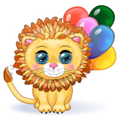 Çocukların parlak tarzında, balonlu, kocaman gözleri olan sevimli çizgi film aslanı tebrik kartı.