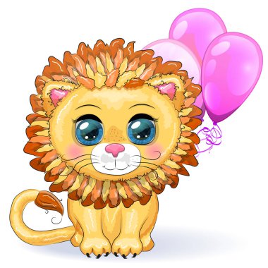 Çocukların parlak tarzında, balonlu, kocaman gözleri olan sevimli çizgi film aslanı tebrik kartı.