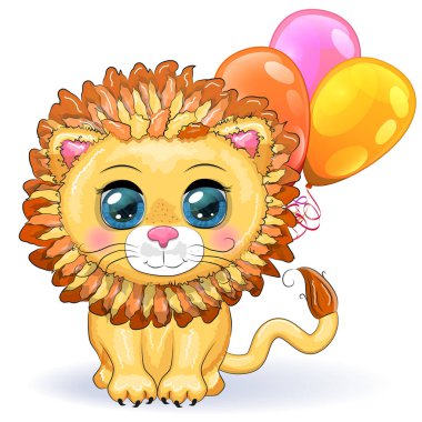 Çocukların parlak tarzında, balonlu, kocaman gözleri olan sevimli çizgi film aslanı tebrik kartı.