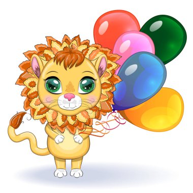 Çocukların parlak tarzında, balonlu, kocaman gözleri olan sevimli çizgi film aslanı tebrik kartı.