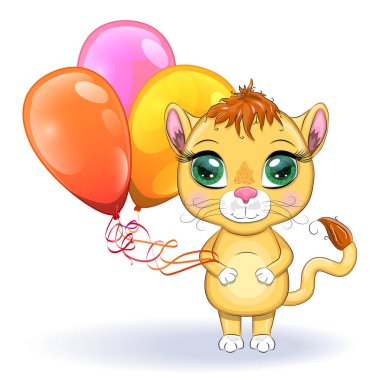 Çocukların parlak tarzında, balonlu, kocaman gözleri olan sevimli çizgi film aslanı tebrik kartı.