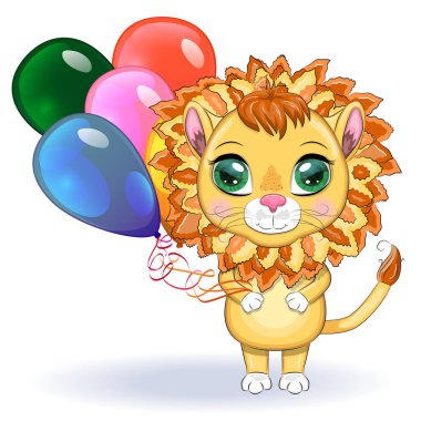 Çocukların parlak tarzında, balonlu, kocaman gözleri olan sevimli çizgi film aslanı tebrik kartı.