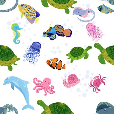 Deniz hayatı, balıklar, hayvanlar parlak, pürüzsüz desenler. Deniz yolculuğu, sualtı dalış yapan tropikal balıklar. Denizanası, balina, köpekbalığı, denizatı, palyaço balığı, yunus, kaplumbağa imparatoru balık ahtapot vatoz vatozu