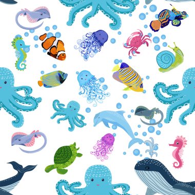 Deniz hayatı, balıklar, hayvanlar parlak, pürüzsüz desenler. Deniz yolculuğu, sualtı dalış yapan tropikal balıklar. Denizanası, balina, köpekbalığı, denizatı, palyaço balığı, yunus, kaplumbağa imparatoru balık ahtapot vatoz vatozu