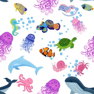 Deniz hayatı, balıklar, hayvanlar parlak, pürüzsüz desenler. Deniz yolculuğu, sualtı dalış yapan tropikal balıklar. Denizanası, balina, köpekbalığı, denizatı, palyaço balığı, yunus, kaplumbağa imparatoru balık ahtapot vatoz vatozu