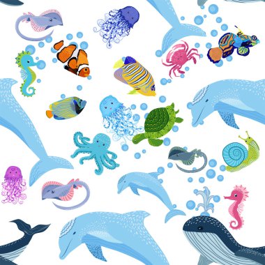 Deniz hayatı, balıklar, hayvanlar parlak, pürüzsüz desenler. Deniz yolculuğu, sualtı dalış yapan tropikal balıklar. Denizanası, balina, köpekbalığı, denizatı, palyaço balığı, yunus, kaplumbağa imparatoru balık ahtapot vatoz vatozu
