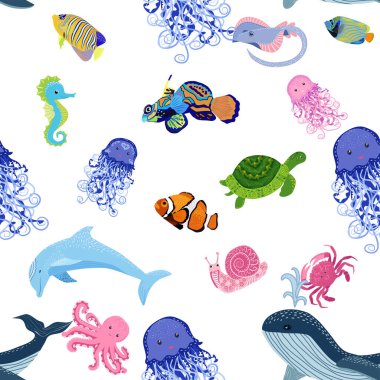 Deniz hayatı, balıklar, hayvanlar parlak, pürüzsüz desenler. Deniz yolculuğu, sualtı dalış yapan tropikal balıklar. Denizanası, balina, köpekbalığı, denizatı, palyaço balığı, yunus, kaplumbağa imparatoru balık ahtapot vatoz vatozu