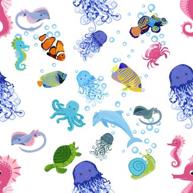 Deniz hayatı, balıklar, hayvanlar parlak, pürüzsüz desenler. Deniz yolculuğu, sualtı dalış yapan tropikal balıklar. Denizanası, balina, köpekbalığı, denizatı, palyaço balığı, yunus, kaplumbağa imparatoru balık ahtapot vatoz vatozu