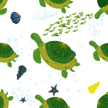 Kaplumbağa yeşili pürüzsüz desen, deniz kabukları arasında güzel bir karakter, deniz yosunu, denizyıldızı, deniz hayvanları, vahşi yaşam. Su altında doğa, okyanus hayvanat bahçesinde deniz yaban balığı.