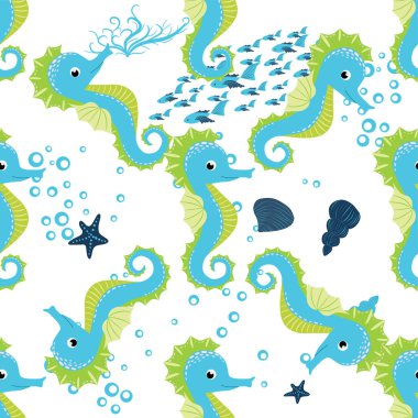 Deniz atı, deniz sakinleri kusursuz desen, deniz kabukları arasında güzel bir karakter, deniz yosunu, denizyıldızı, deniz yaban hayatı.