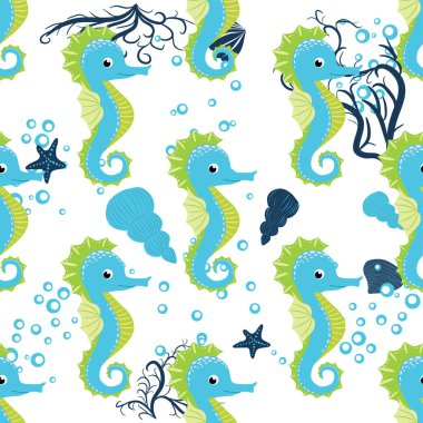 Deniz atı, deniz sakinleri kusursuz desen, deniz kabukları arasında güzel bir karakter, deniz yosunu, denizyıldızı, deniz yaban hayatı.