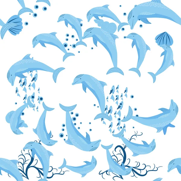 Delphin Meeresbewohner Nahtloses Muster Wunderschöner Charakter Zwischen Muscheln Algen Seesternen — Stockvektor