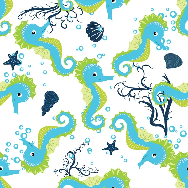 Seepferdchen Meeresbewohner Nahtloses Muster Wunderschöner Charakter Zwischen Muscheln Algen Seesternen — Stockvektor