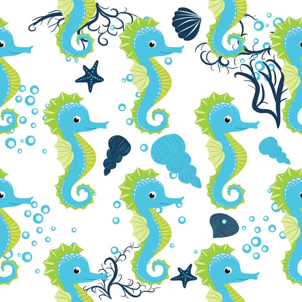 Seahorse Sea Inhabitants Seamless Pattern Beautiful Character Seashells Seaweed Starfish — Stock Vector