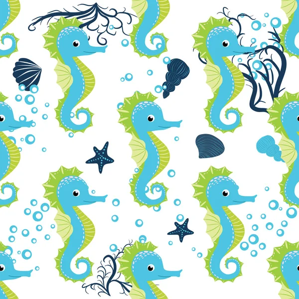 Seahorse Sea Inhabitants Seamless Pattern Beautiful Character Seashells Seaweed Starfish — Stock Vector