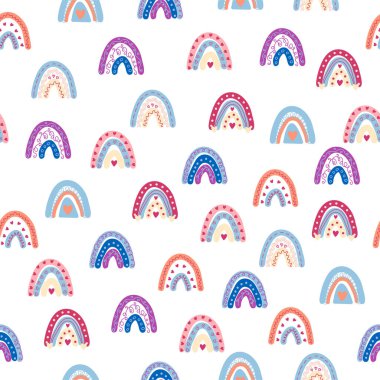 Gökkuşağı renklerinde pürüzsüz desen. İskandinav bebek eli çizimi tekstil ve yeni doğan kıyafetleri için mükemmel..