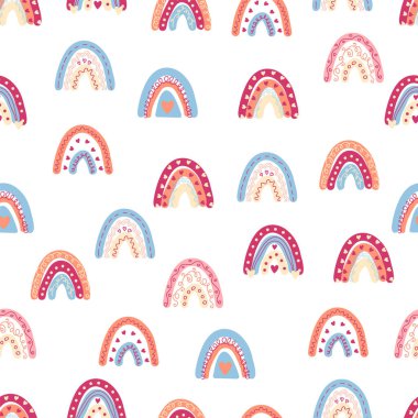 Gökkuşağı renklerinde pürüzsüz desen. İskandinav bebek eli çizimi tekstil ve yeni doğan kıyafetleri için mükemmel..