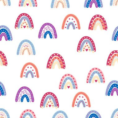 Gökkuşağı renklerinde pürüzsüz desen. İskandinav bebek eli çizimi tekstil ve yeni doğan kıyafetleri için mükemmel..