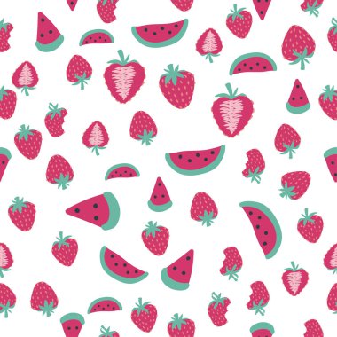 Kusursuz karpuz ve çilek desenli. Çilek ve karpuz dikişsiz el çizimi desen