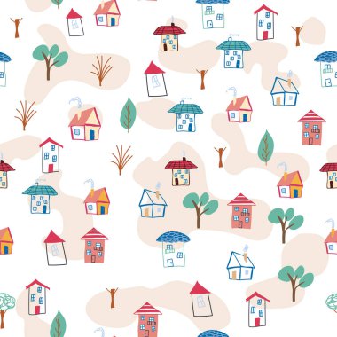 Ev karalaması elementi olan kusursuz çocuklar. ev desenleri, sevimli renkli evler, komik çocuk dekorasyonu.