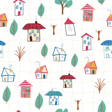 Ev karalaması elementi olan kusursuz çocuklar. ev desenleri, sevimli renkli evler, komik çocuk dekorasyonu.