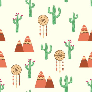 Klasik, güzel, dikişsiz çöl deseni çizimi. Kaktüslü manzara, dağlar, bulutlar, düş kapanı