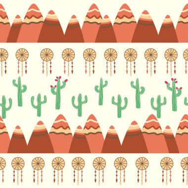 Klasik, güzel, dikişsiz çöl deseni çizimi. Kaktüslü manzara, dağlar, bulutlar, düş kapanı
