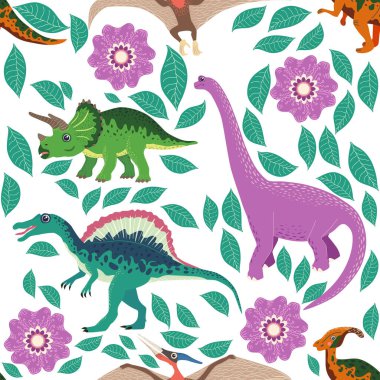 Dinozorlar, tropikal yapraklar ve çiçeklerle el çizimi kusursuz desen. Çocuklar için mükemmel kumaş, tekstil, çocuk odası duvar kâğıdı. Şirin dino tasarımı.