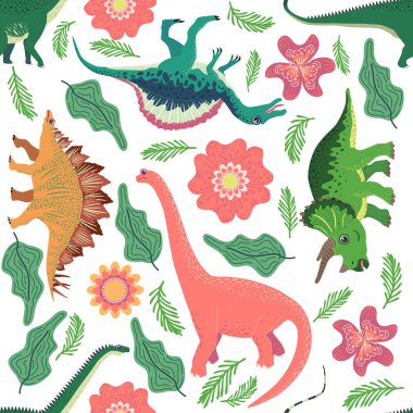 Dinozorlar, tropikal yapraklar ve çiçeklerle el çizimi kusursuz desen. Çocuklar için mükemmel kumaş, tekstil, çocuk odası duvar kâğıdı. Şirin dino tasarımı.