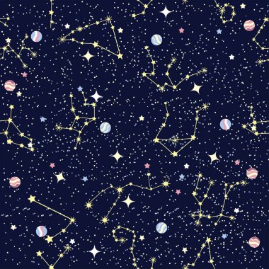 Mavi zodyak işaretlerinin kusursuz deseni. Oğlak burcu, Koç burcu, Leo astrolojik sembolleri. Gece gökyüzü haritasında parlayan yıldızlar.