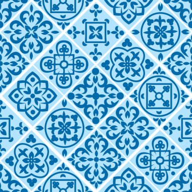 Azulejo fayanslarıyla Portekiz 'in pürüzsüz deseni. Renkli Fas fayanslarından ve süslemelerden muhteşem, dikişsiz yama desenleri. Duvar kağıdı, şablon dolguları, web sayfası arkaplanı, yüzey dokuları.