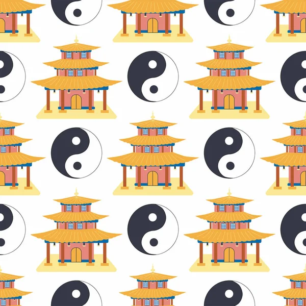 Cartoon Chinese House Seamless Pattern Chinese Symbols Coin Hieroglyphs Yin — стоковий вектор