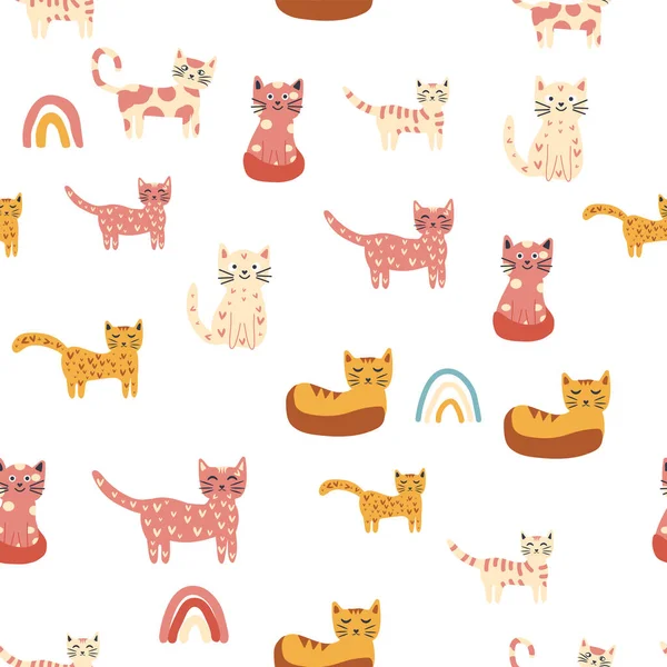 Nahtlos Kindliches Muster Mit Lustigen Bunten Katzen Und Regenbögen Kreative — Stockvektor