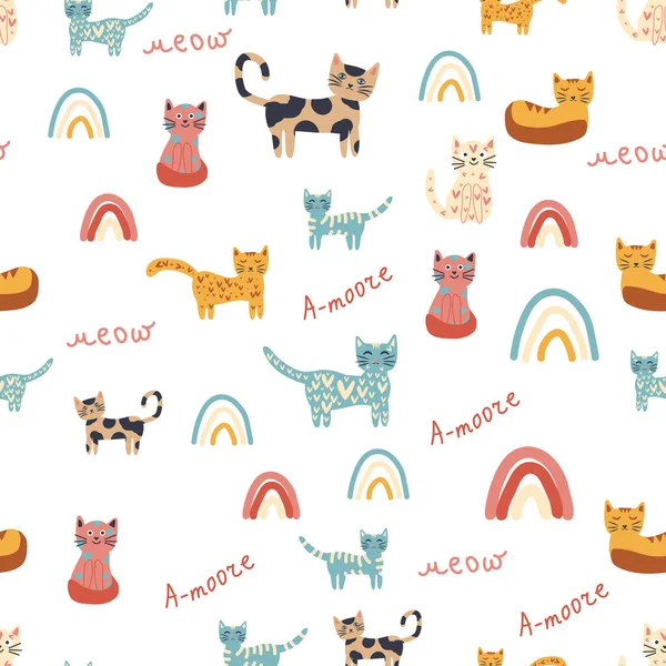 Seamless Childish Pattern Funny Colorful Cats Rainbows Creative Scandinavian Kids — Stock Vector