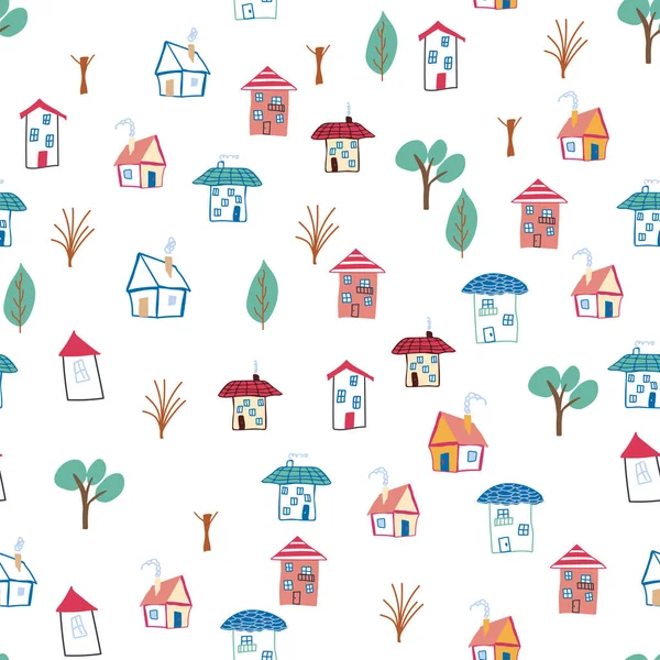 Pattern Seamless Kids Home Doodle Coloring Element House Pattern Cute — 图库矢量图片