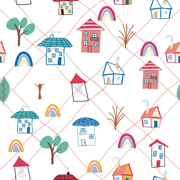 Pattern Seamless Kids Home Doodle Coloring Element House Pattern Cute —  Vetores de Stock