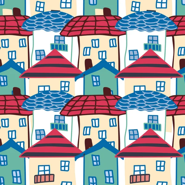 House seamless pattern, standing tight. Naive childish style. City roofs