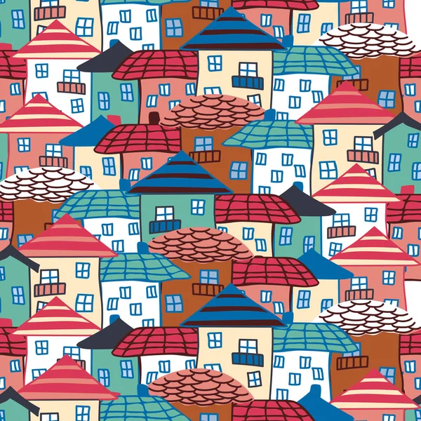 House seamless pattern, standing tight. Naive childish style. City roofs