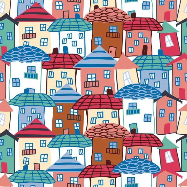 家のシームレスなパターンは タイトな立っている ナイーブ幼稚なスタイル 市の屋根 — ストックベクタ