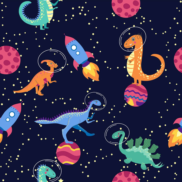 Dino in space seamless pattern. Cute dragon characters, dinosaur traveling galaxy with stars, planets. Kids cartoon background.