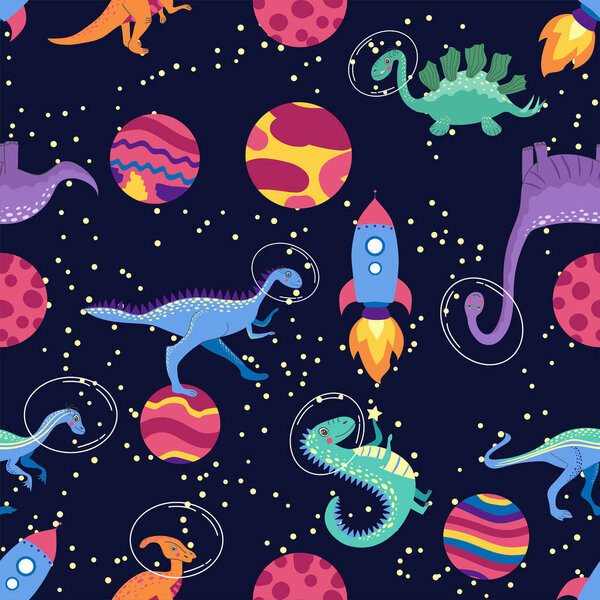 Dino in space seamless pattern. Cute dragon characters, dinosaur traveling galaxy with stars, planets. Kids cartoon background.
