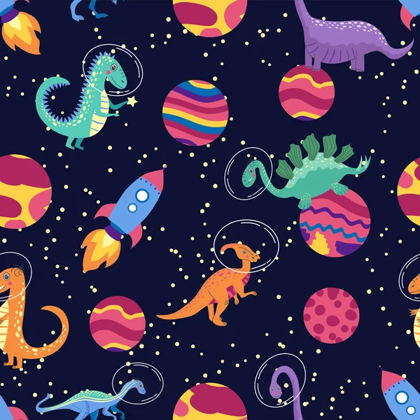 Dino Dans Espace Motif Sans Couture Personnages Dragons Mignons Galaxie — Image vectorielle